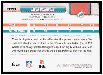 2026 Topps Flagship Jacob Rodriguez Card Diamante Foil RC Miami Dolphins