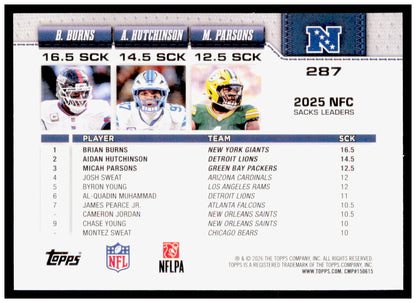 2026 Topps Flagship NFC Sack Leaders  Hutchinson /  Burns / Parsons Holo Foil