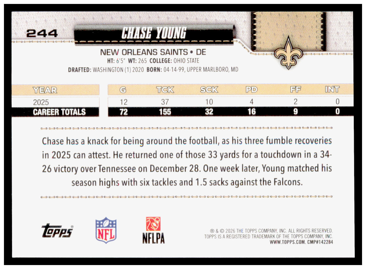 2026 Topps Flagship Chase Young Card Rainbow Foil New Orleans Saints