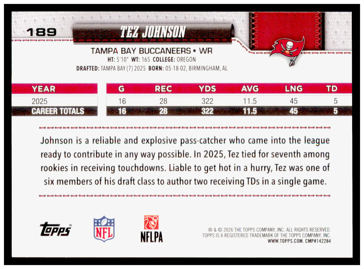 2026 Topps Flagship Tez Johnson Card Diamante Foil Tampa Bay Buccaneers