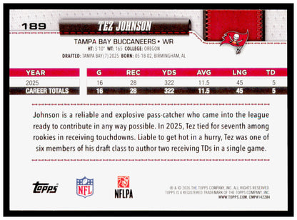 2026 Topps Flagship Tez Johnson Card Diamante Foil Tampa Bay Buccaneers