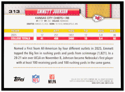 2026 Topps Flagship Emmett Johnson Card Diamante Foil Kansas City Chiefs