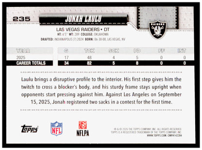 2026 Topps Flagship Jonah Laulu Card Diamante Foil Las Vegas Raiders