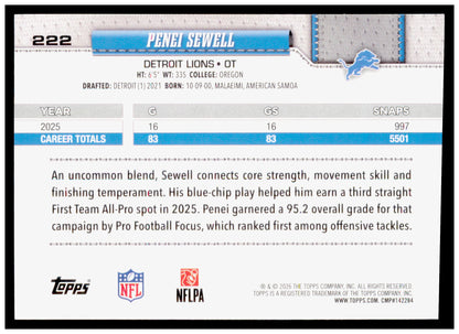 2026 Topps Flagship Penei Sewell Card Diamante Foil Detroit Lions