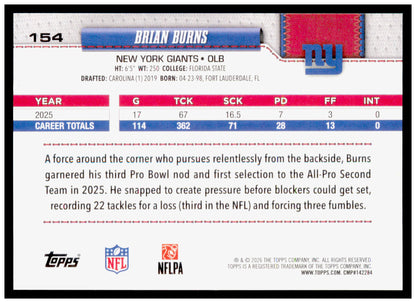 2026 Topps Flagship Brian Burns Card Diamante Foil New York Giants