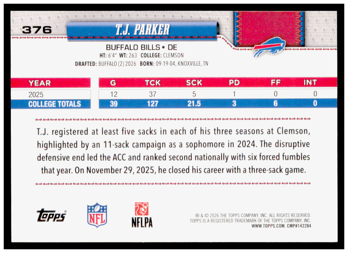 2026 Topps Flagship T.J. Parker Card Rainbow Foil Buffalo Bills