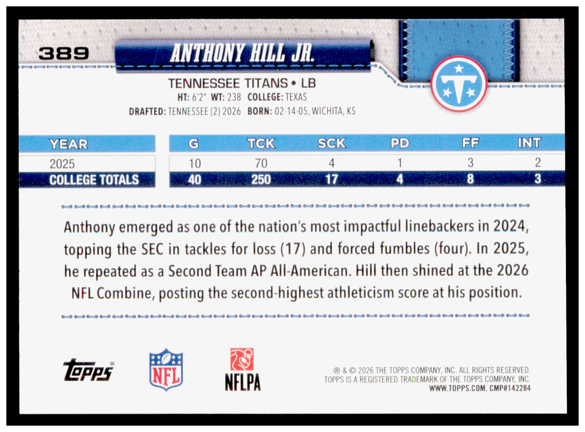 2026 Topps Flagship Anthony Hill Jr. Card Diamante Foil Tennessee Titans