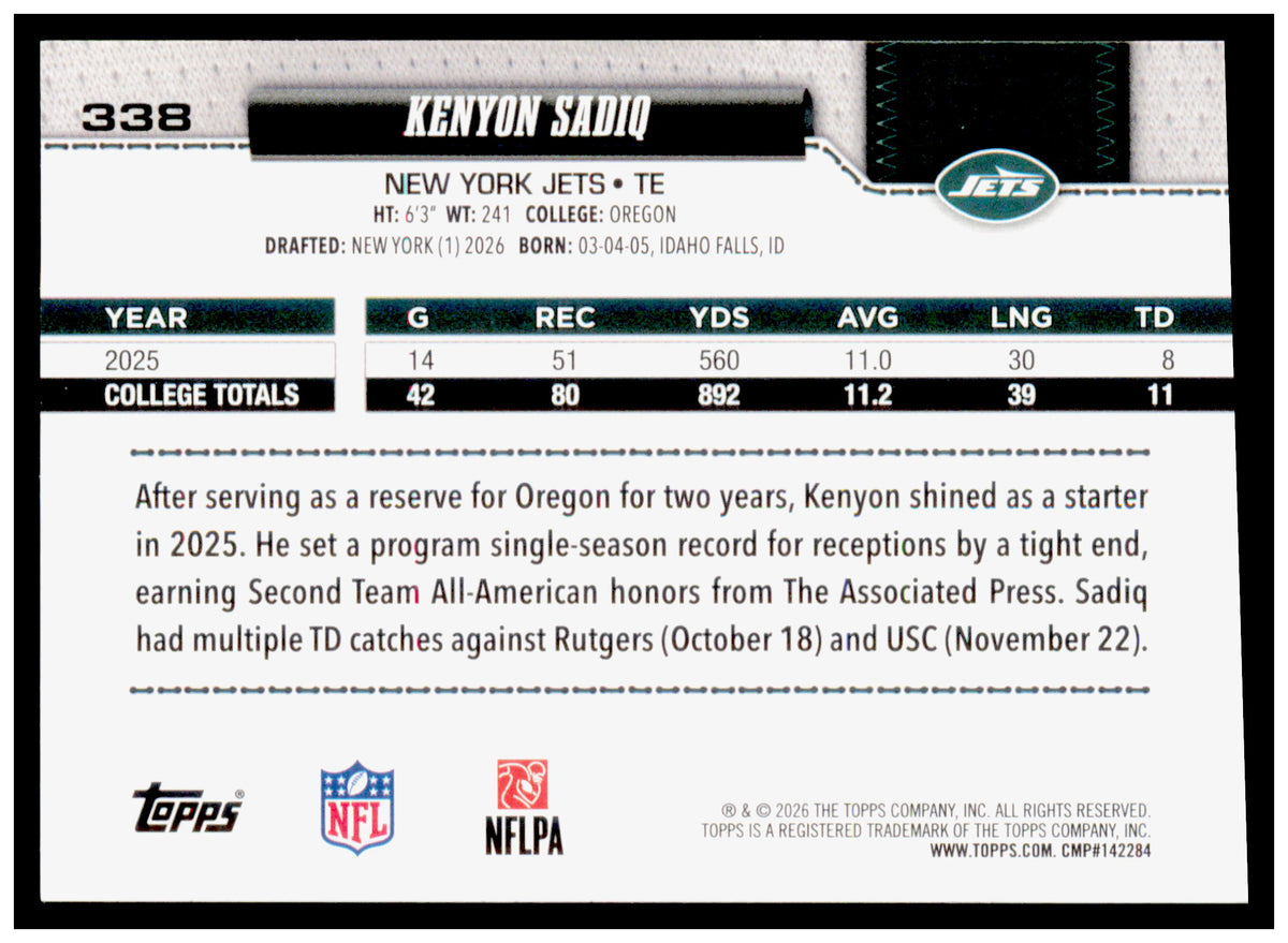 2026 Topps Flagship Kenyon Sadiq Card Holo Foil New York Jets