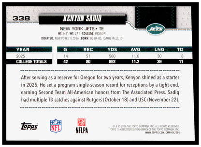 2026 Topps Flagship Kenyon Sadiq Card Holo Foil New York Jets