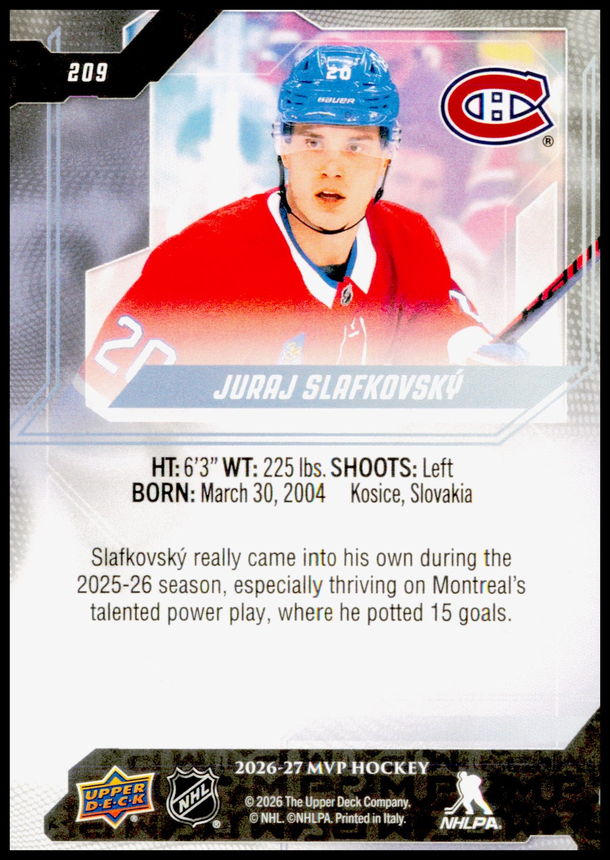 2026-27 Upper Deck MVP Juraj Slafkovsky Card Montreal Canadiens