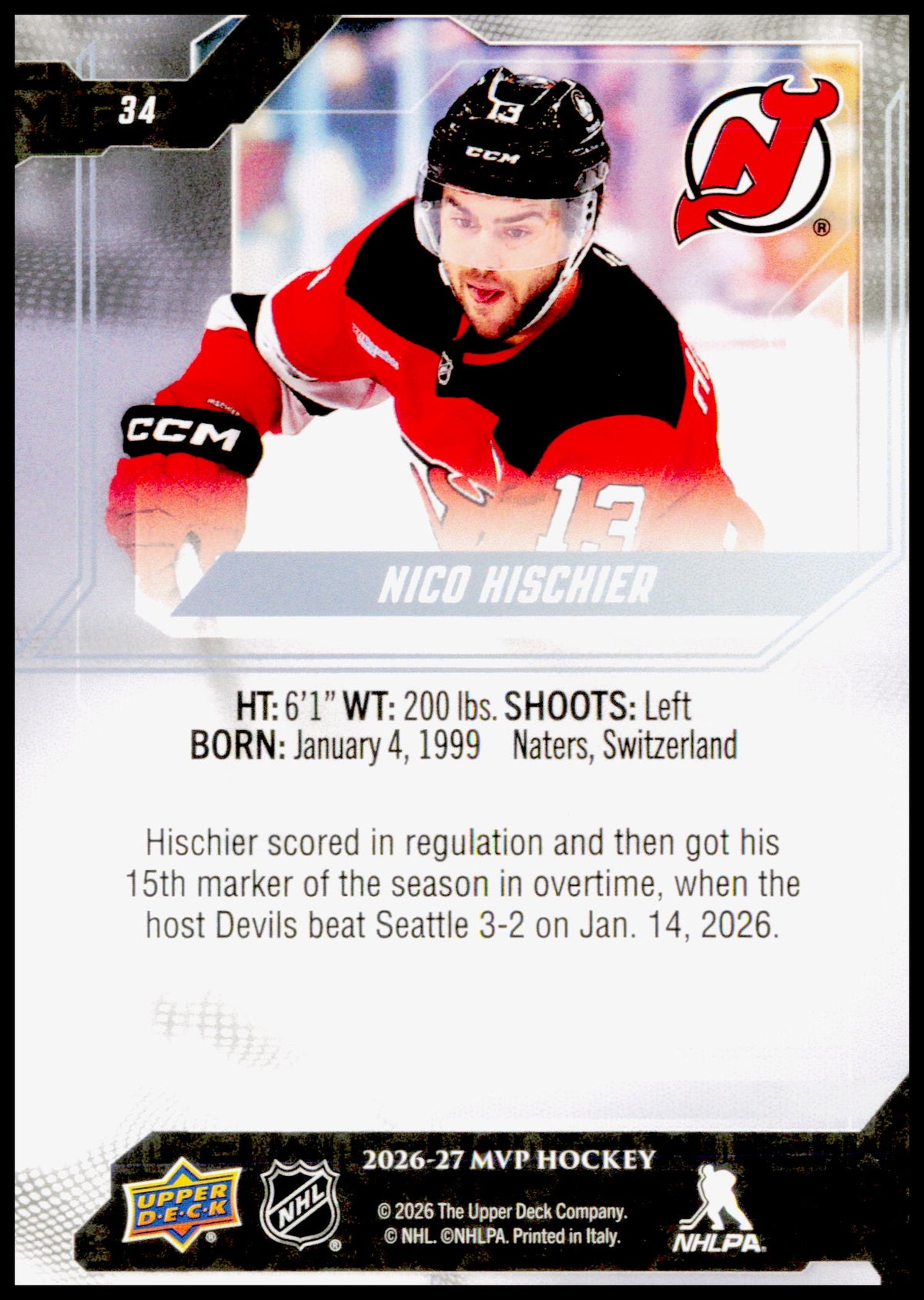 2026-27 Upper Deck MVP Nico Hischier Card New Jersey Devils