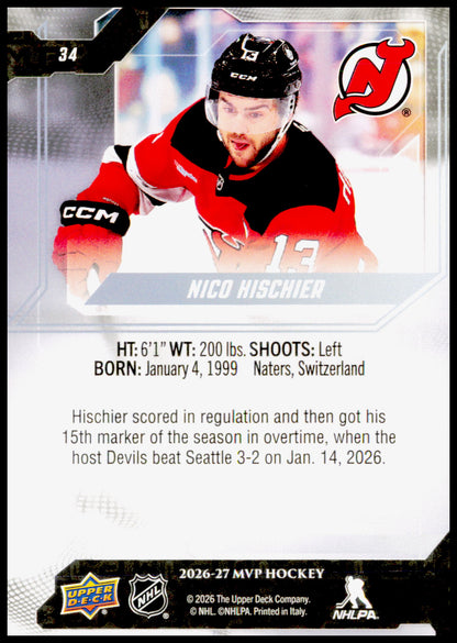 2026-27 Upper Deck MVP Nico Hischier Card New Jersey Devils