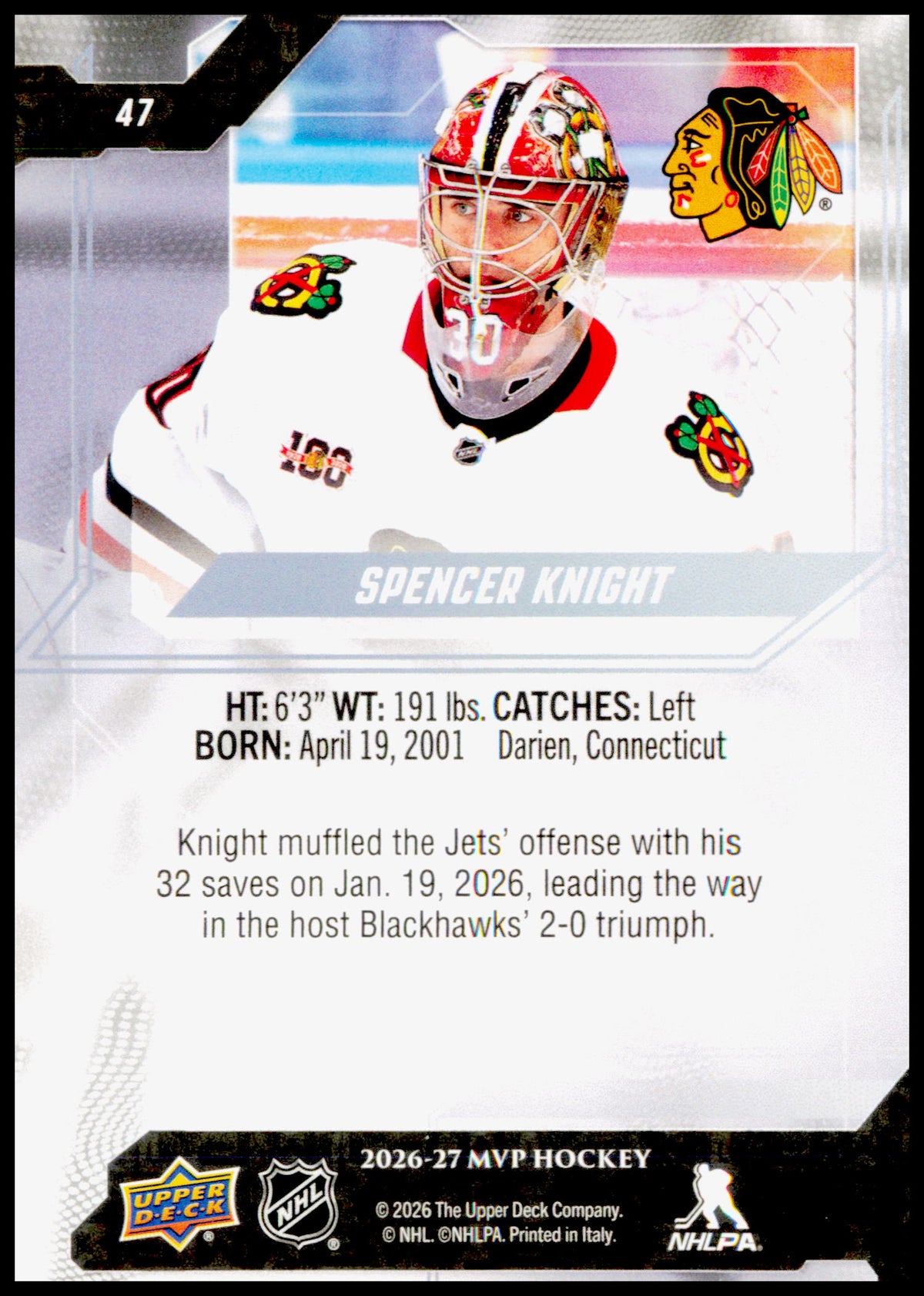 2026-27 Upper Deck MVP Spencer Knight Card Chicago Blackhawks