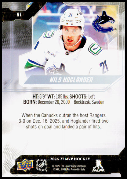 2026-27 Upper Deck MVP Nils Hoglander Card Vancouver Canucks