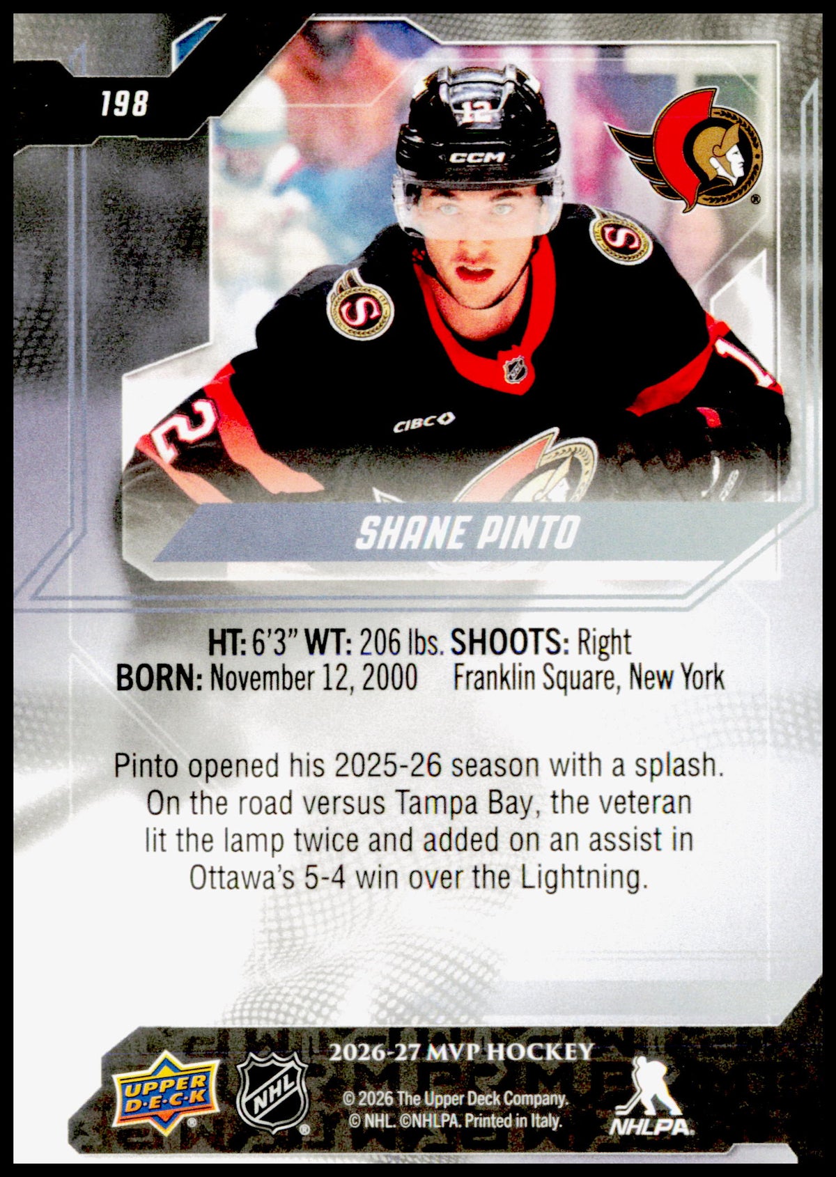2026-27 Upper Deck MVP Shane Pinto Card Ottawa Senators