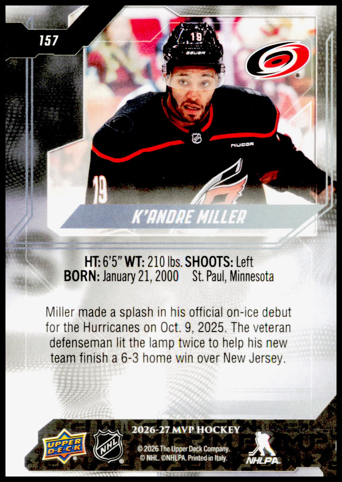 2026-27 Upper Deck MVP K'Andre Miller Card Carolina Hurricanes