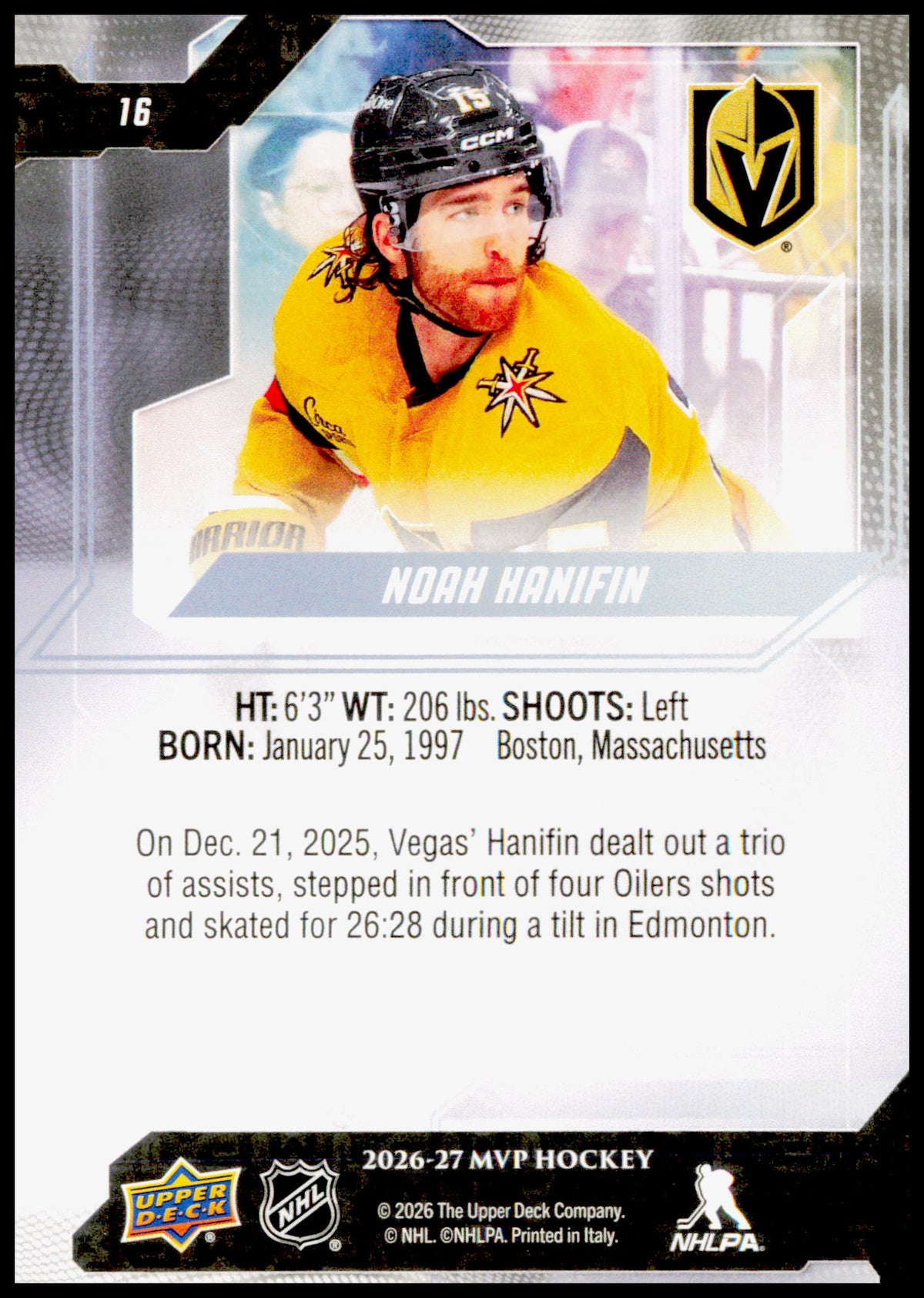 2026-27 Upper Deck MVP Noah Hanifin Card Vegas Golden Knights