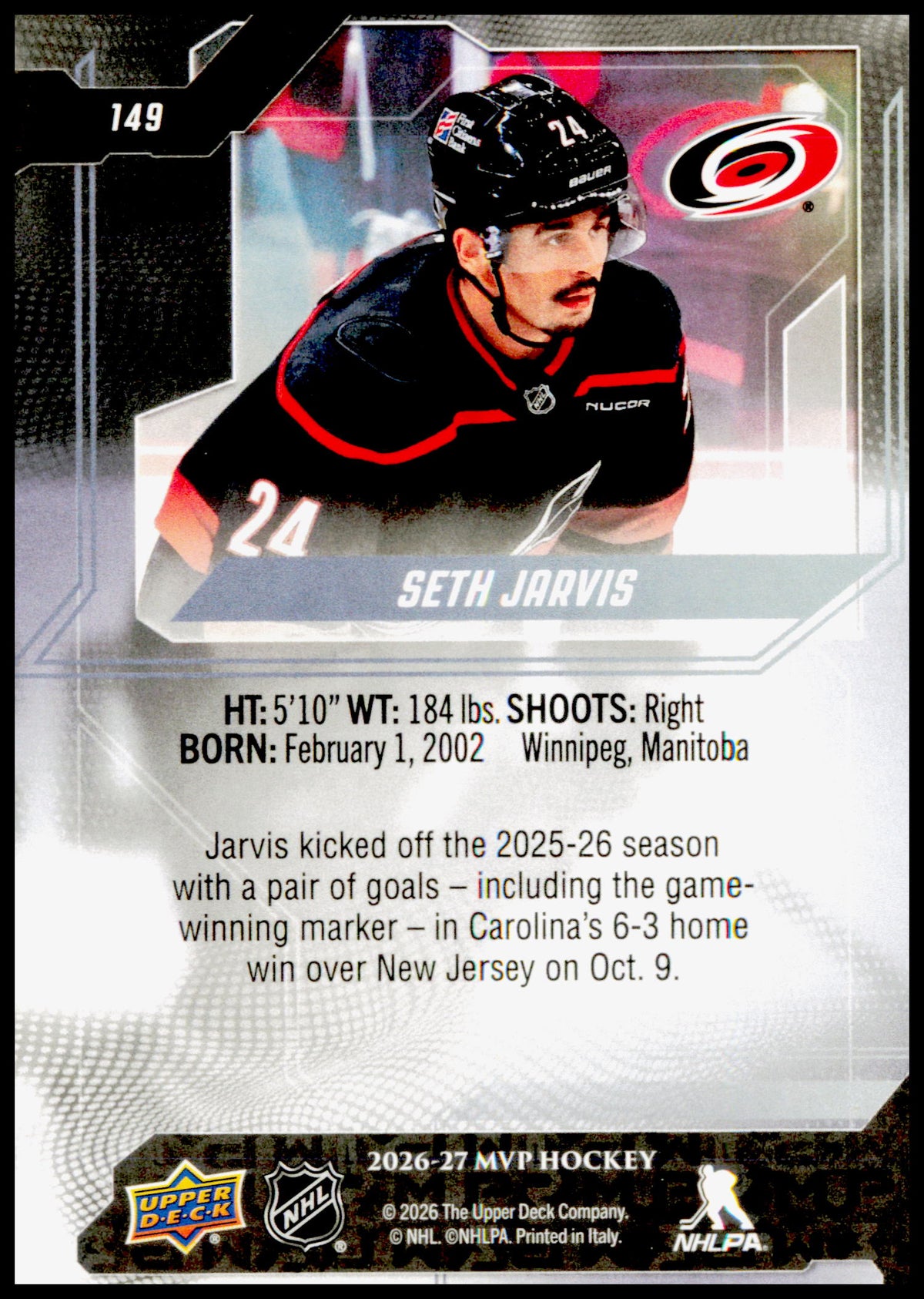 2026-27 Upper Deck MVP Seth Jarvis Card Carolina Hurricanes