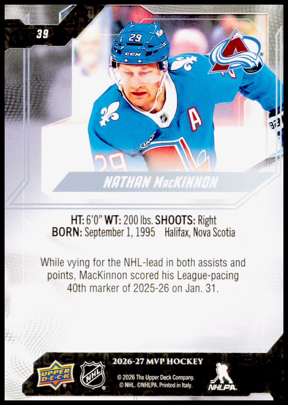 2026-27 Upper Deck MVP Nathan MacKinnon Card Colorado Avalanche