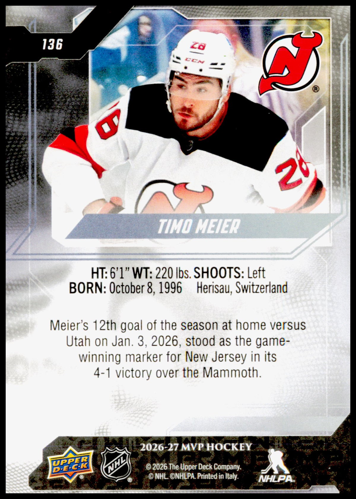 2026-27 Upper Deck MVP Timo Meier Card New Jersey Devils