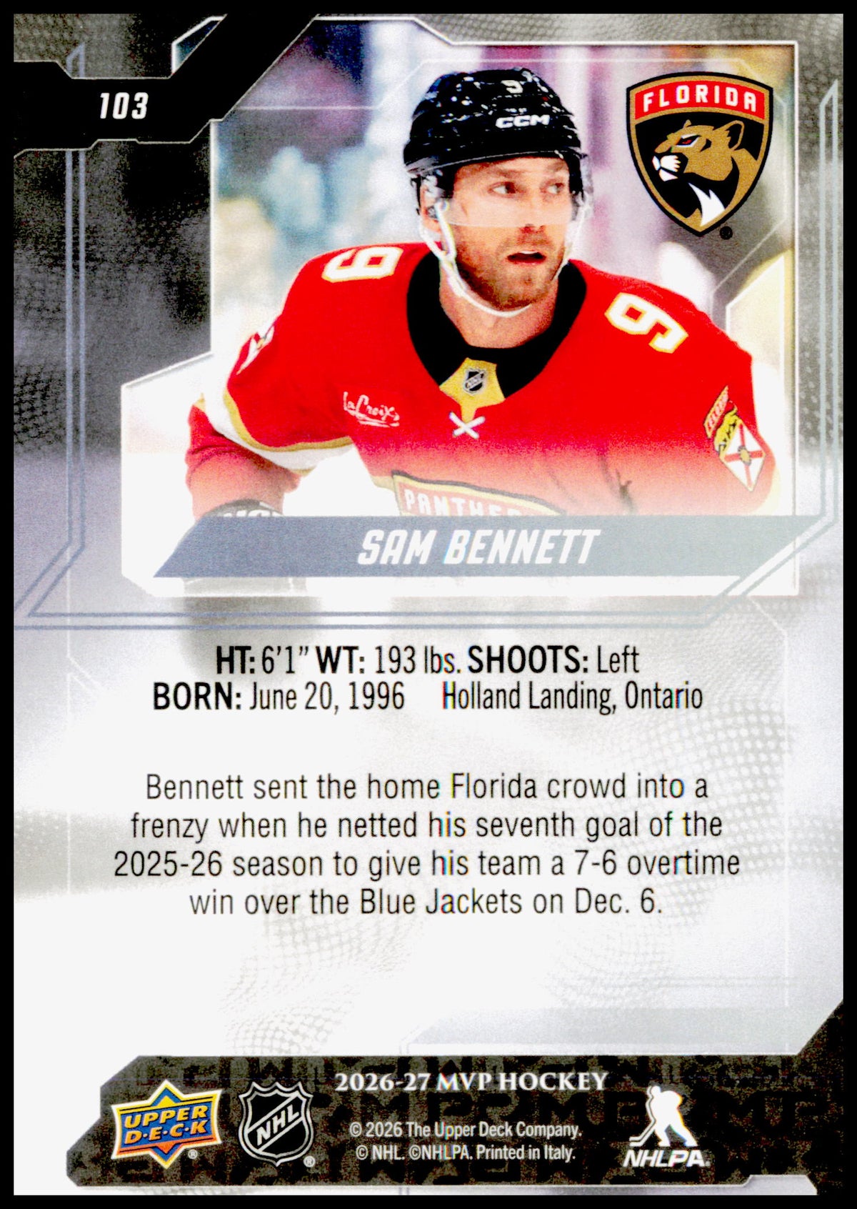 2026-27 Upper Deck MVP Sam Bennett Card Florida Panthers