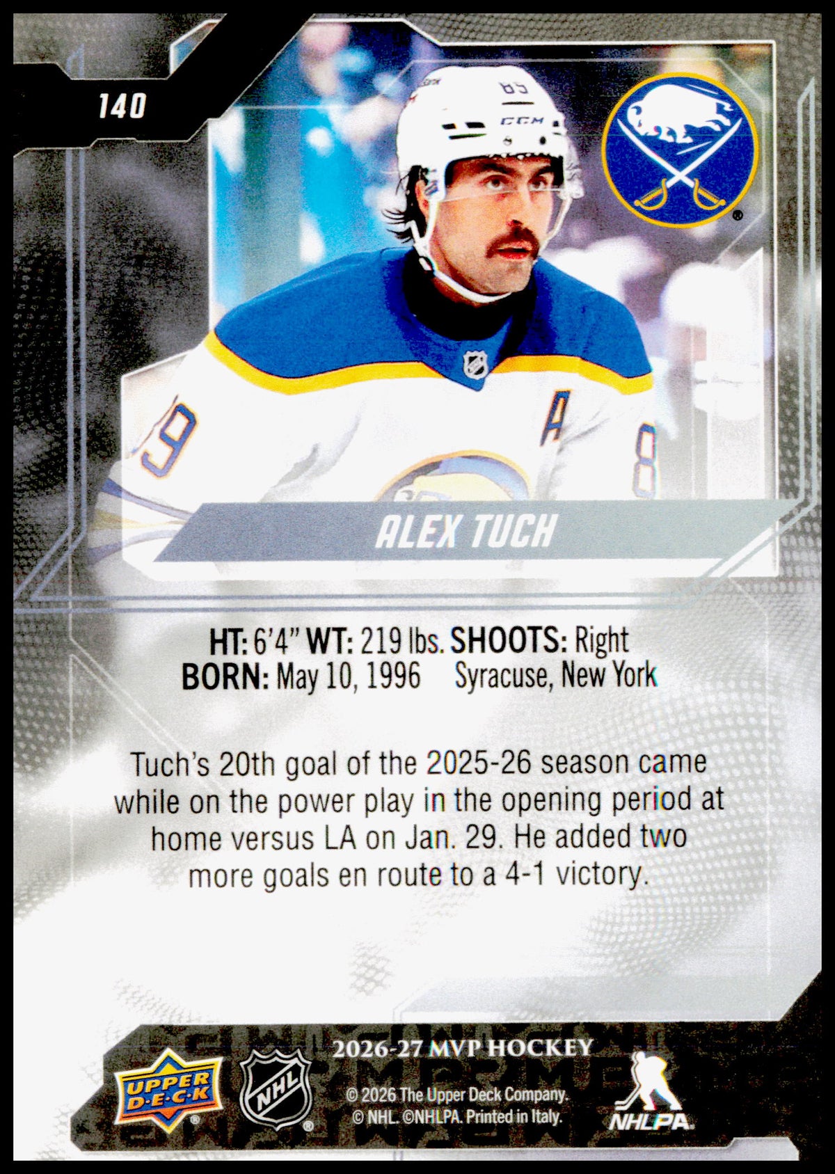 2026-27 Upper Deck MVP Alex Tuch Card Buffalo Sabres