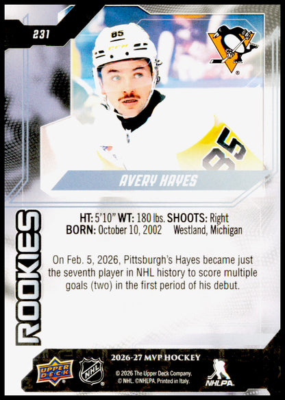 2026-27 Upper Deck MVP Avery Hayes Card RC Pittsburgh Penguins