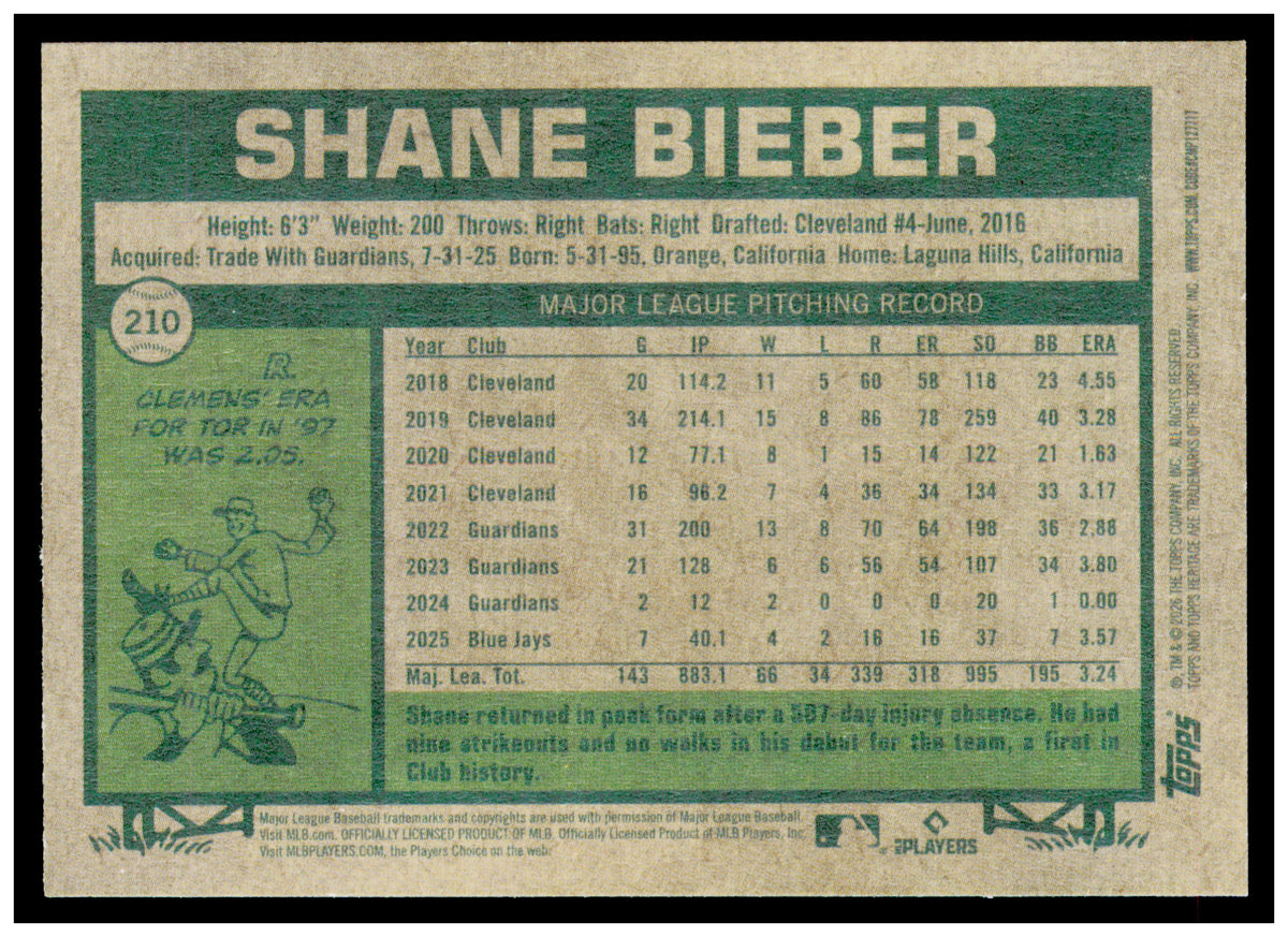 2026 Topps Heritage Shane Bieber Card Toronto Blue Jays