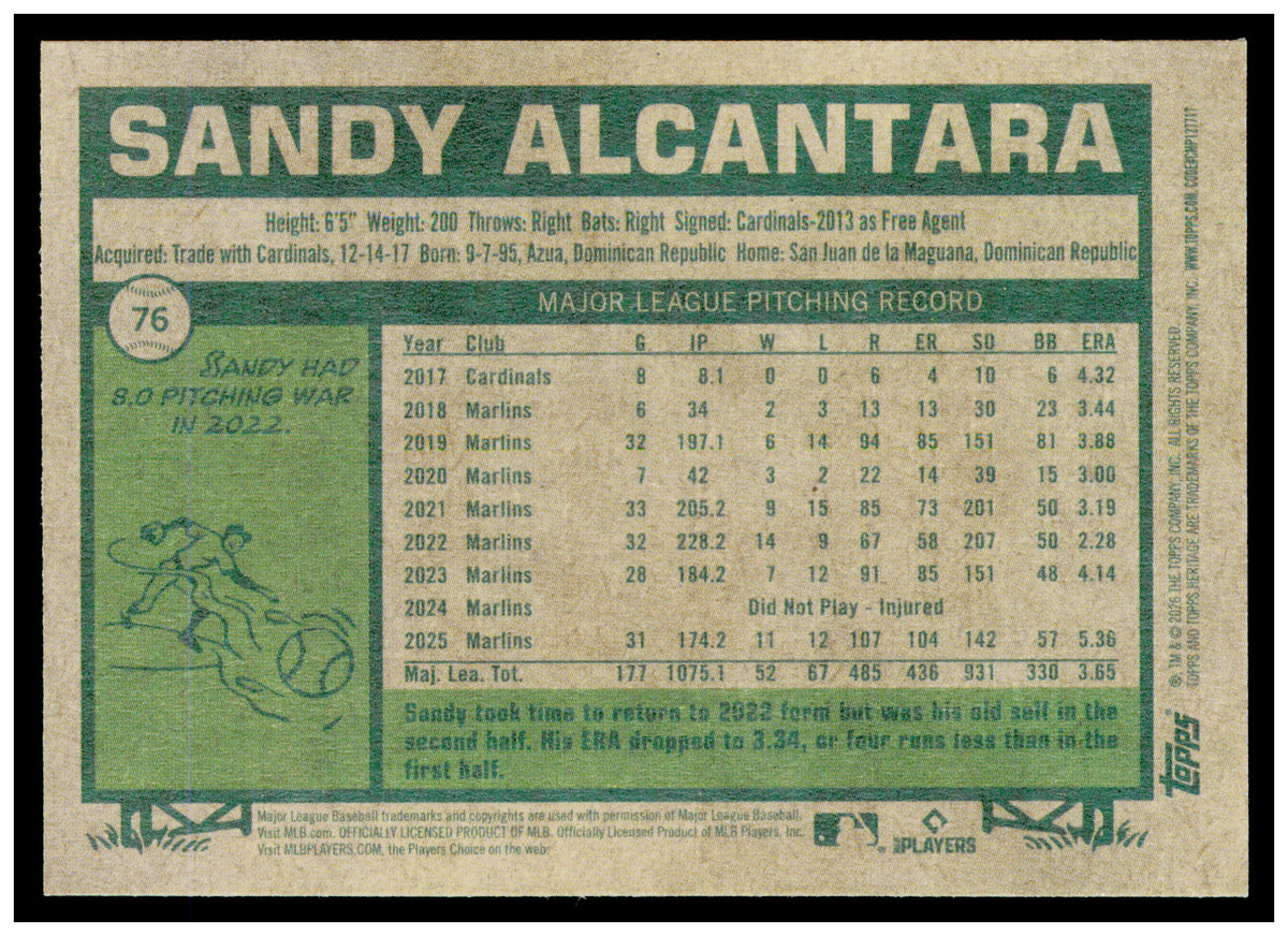 2026 Topps Heritage Sandy Alcantara Card Miami Marlins