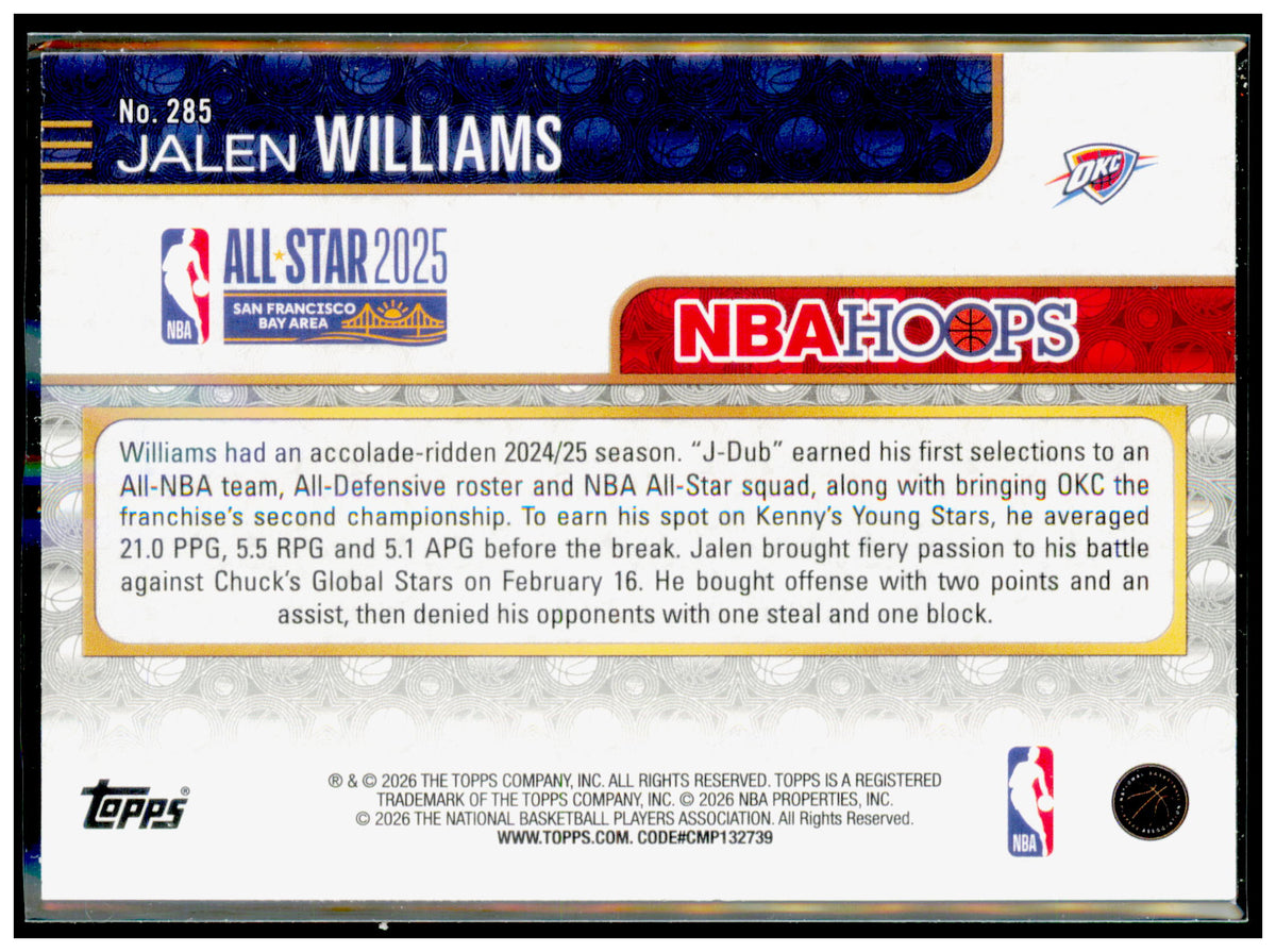 2025-26 Hoops Jalen Williams Card Oklahoma City Thunder