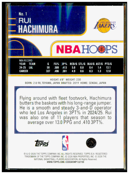 2025-26 Hoops Rui Hachimura Card Los Angeles Lakers