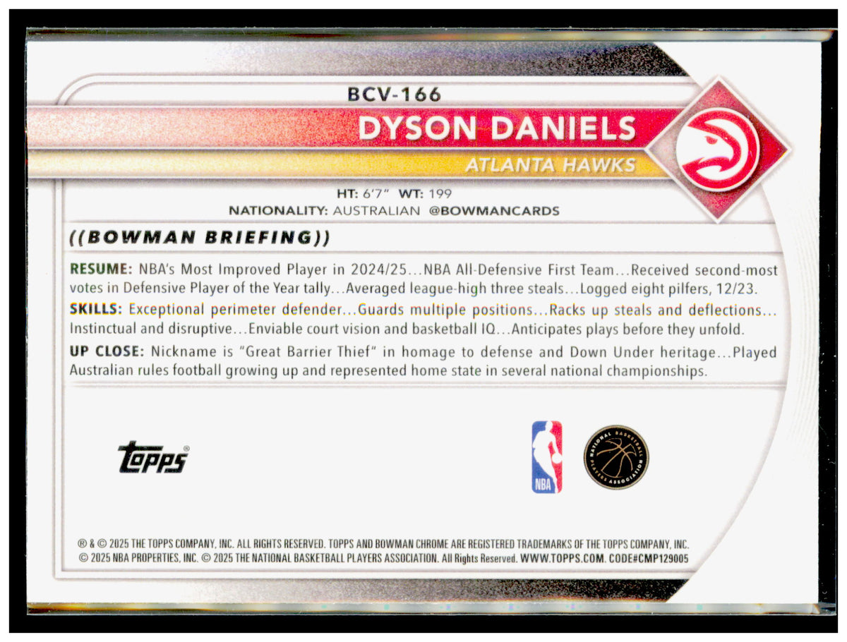 2025-26 Bowman Dyson Daniels Card Chrome Atlanta Hawks