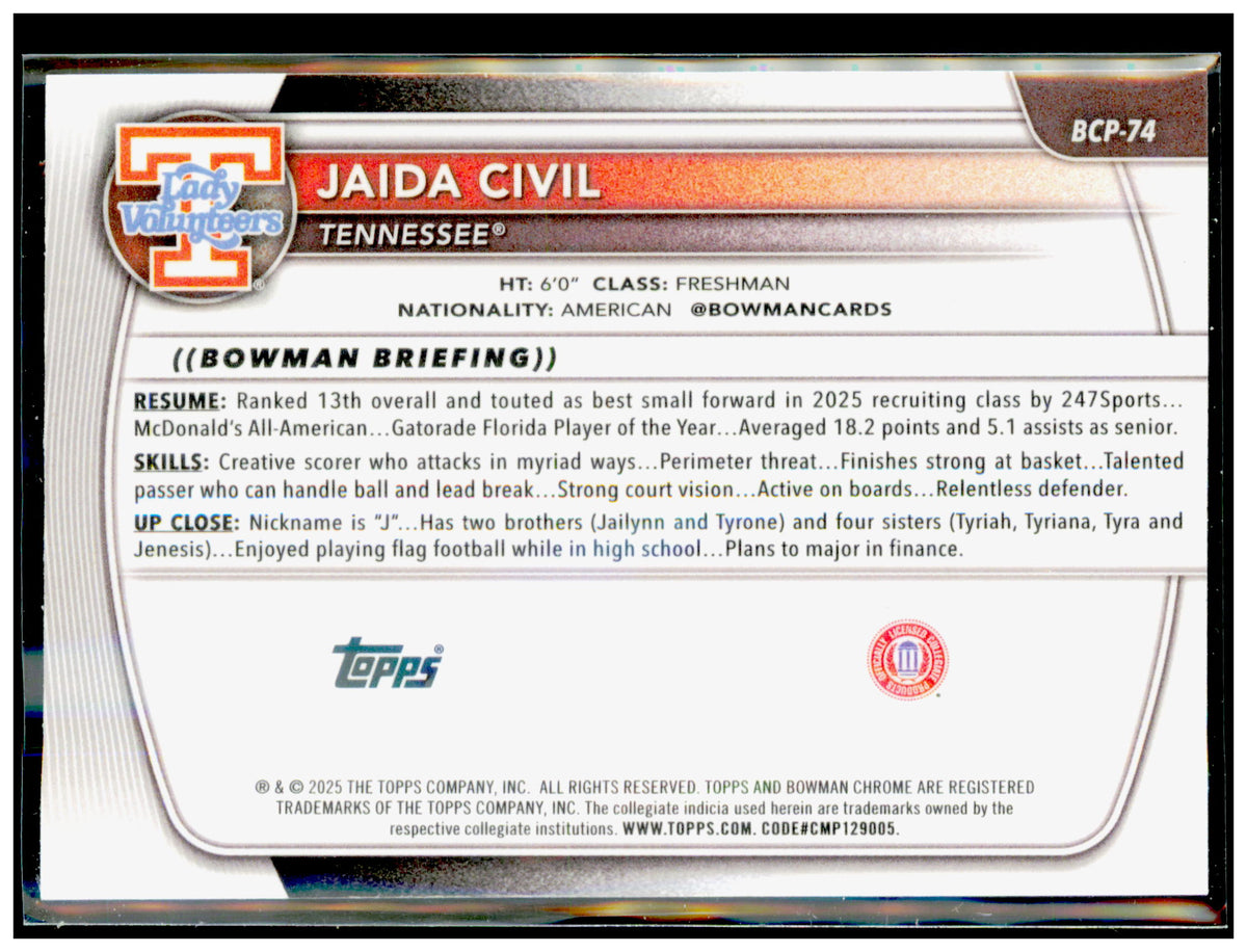 2025-26 Bowman Jaida Civil Card Chrome Prospects Tennessee Volunteers