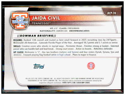 2025-26 Bowman Jaida Civil Card Chrome Prospects Tennessee Volunteers