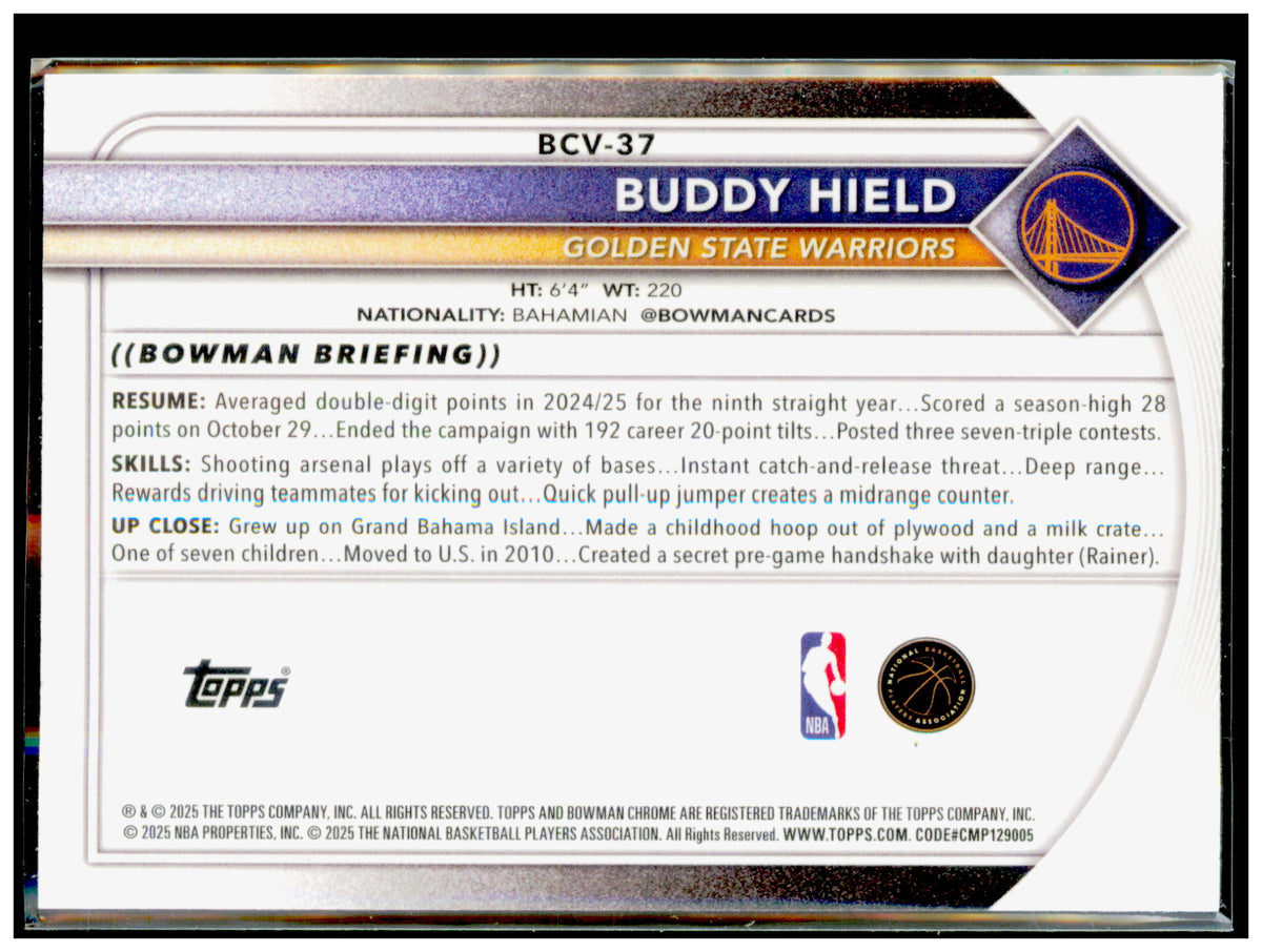 2025-26 Bowman Buddy Hield Card Chrome Golden State Warriors