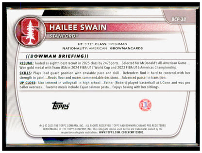 2025-26 Bowman Hailee Swain Card Chrome Prospects Stanford Cardinal