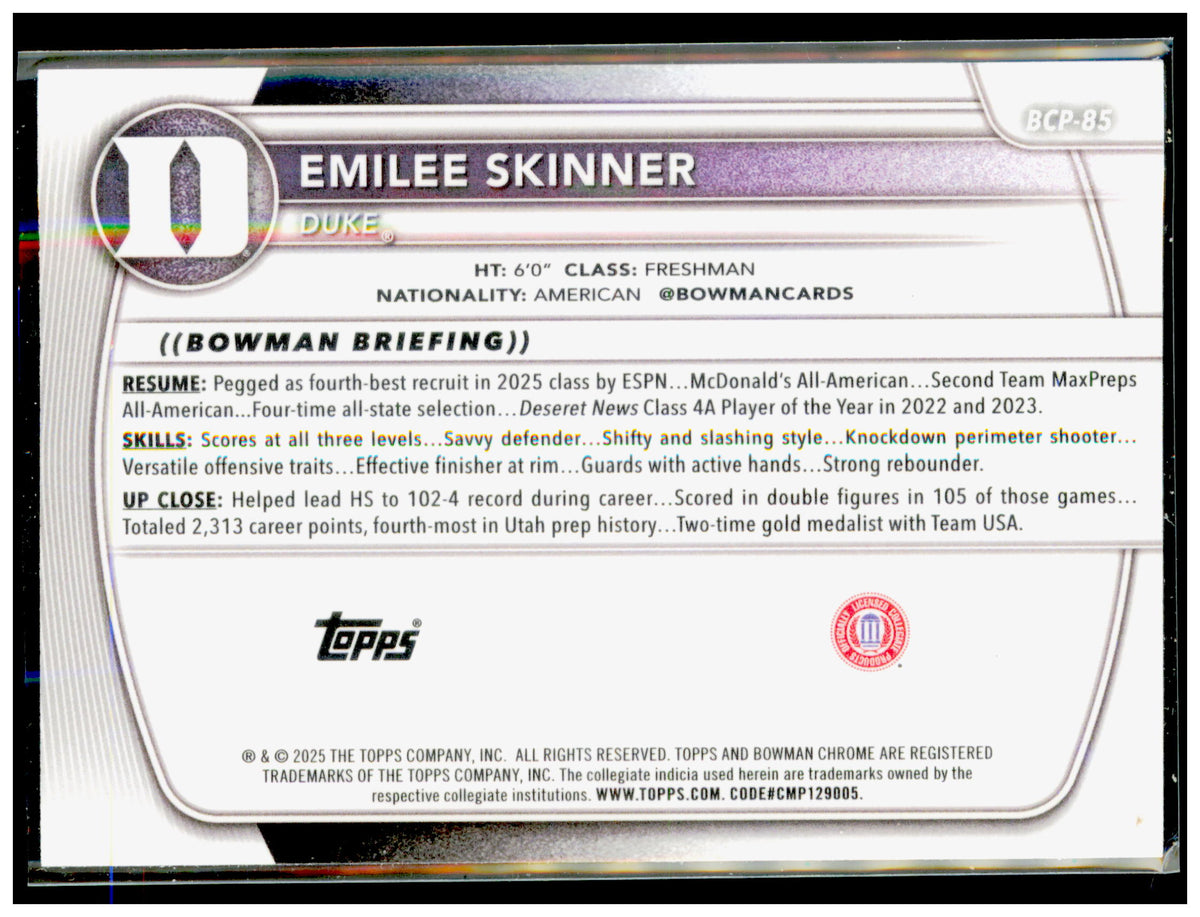 2025-26 Bowman Emilee Skinner Card Chrome Prospects Duke Blue Devils
