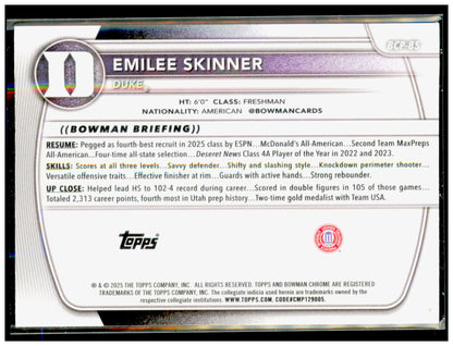 2025-26 Bowman Emilee Skinner Card Chrome Prospects Duke Blue Devils