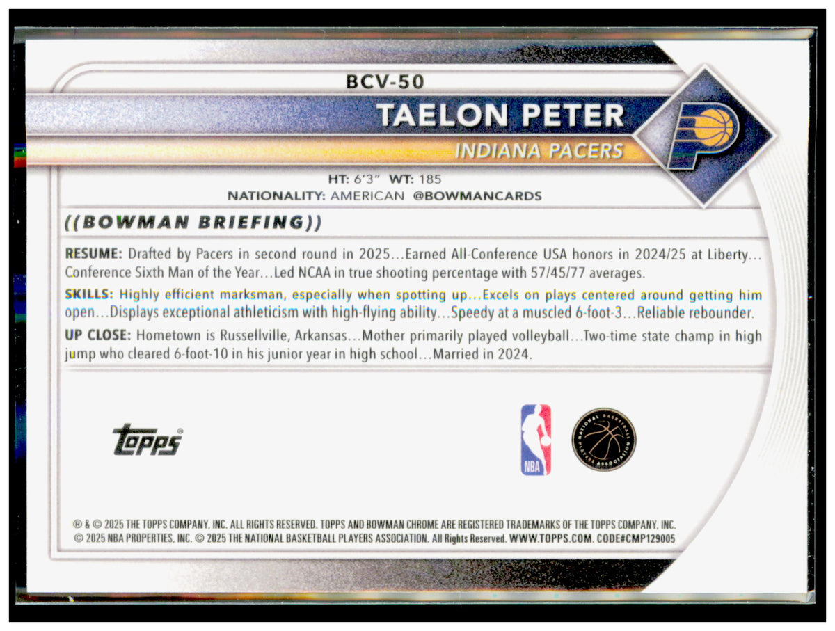 2025-26 Bowman Taelon Peter Card RC Indiana Pacers