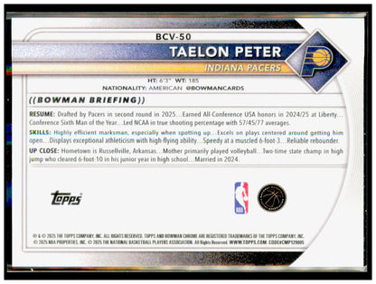 2025-26 Bowman Taelon Peter Card RC Indiana Pacers