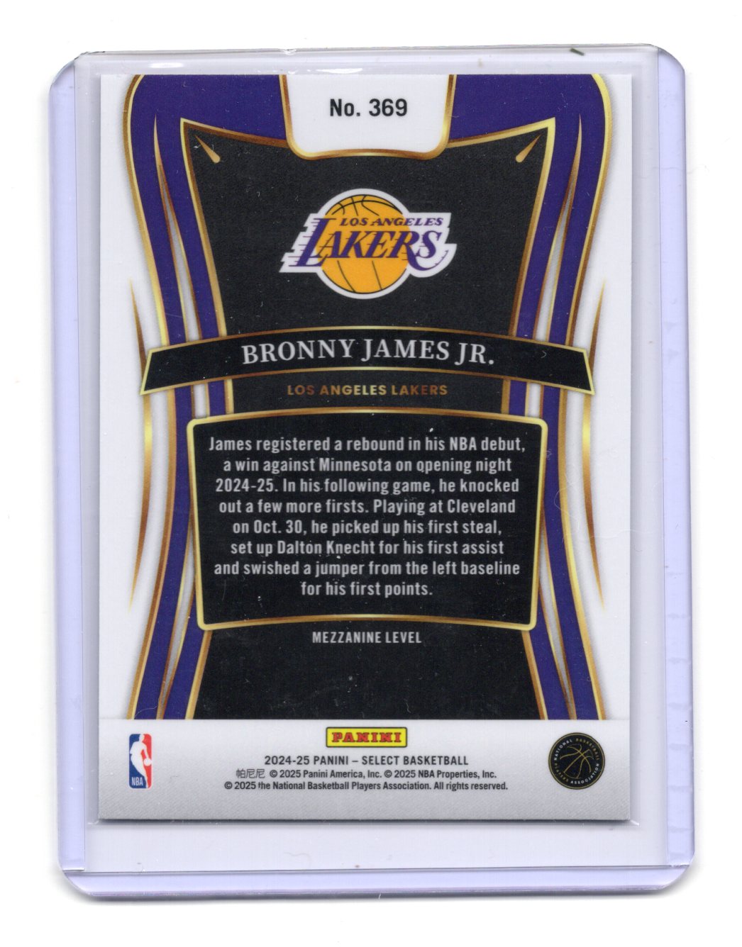 2024-25 Panini Select Bronny James Jr. Card RC Los Angeles Lakers