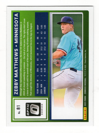 2025 Donruss Zebby Matthews Card RC Minnesota Twins
