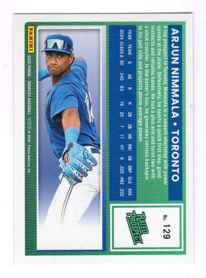 2025 Donruss Arjun Nimmala Card Red and Blue Toronto Blue Jays