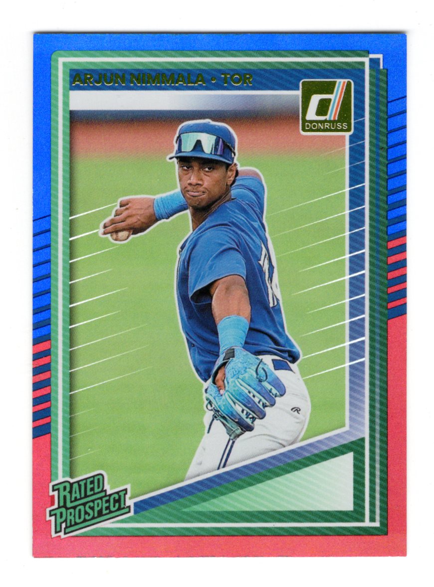 2025 Donruss Arjun Nimmala Card Red and Blue Toronto Blue Jays