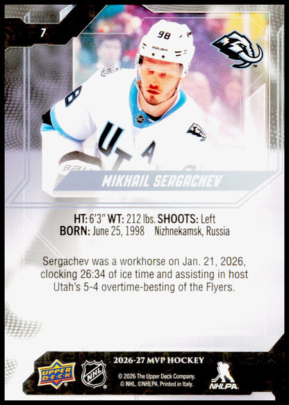 2026-27 Upper Deck MVP Mikhail Sergachev Card Utah Mammoth