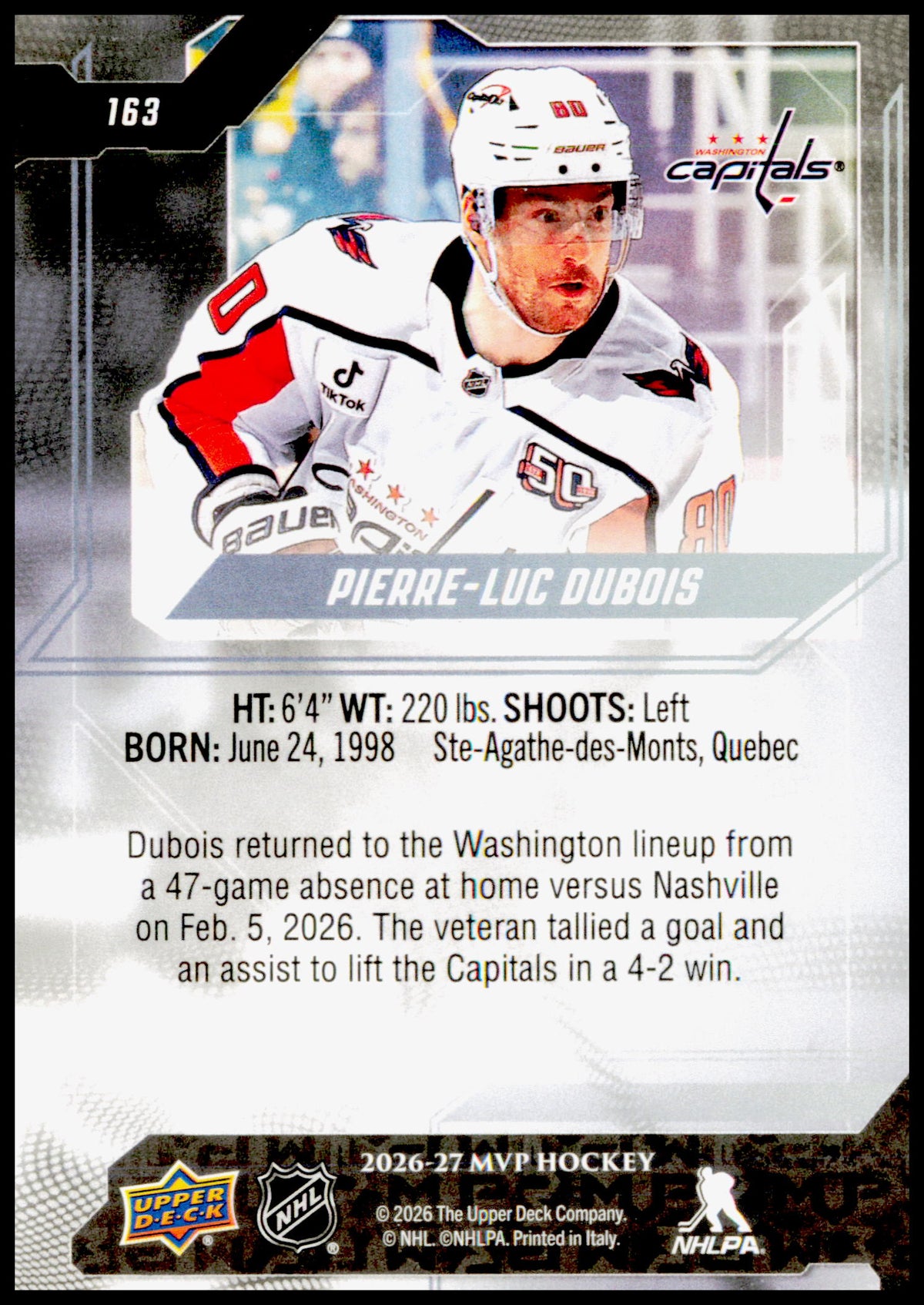 2026-27 Upper Deck MVP Pierre-Luc Dubois Card Washington Capitals