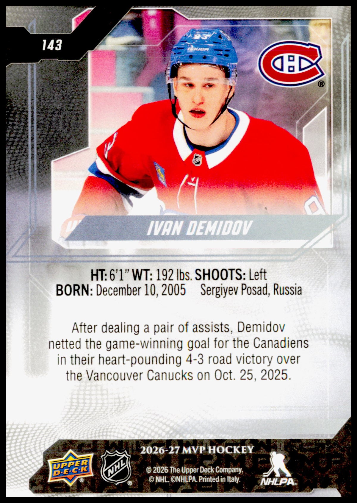 2026-27 Upper Deck MVP Ivan Demidov Card Montreal Canadiens