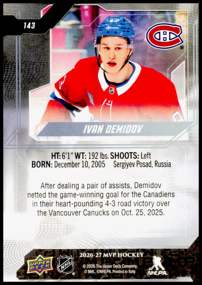 2026-27 Upper Deck MVP Ivan Demidov Card Montreal Canadiens