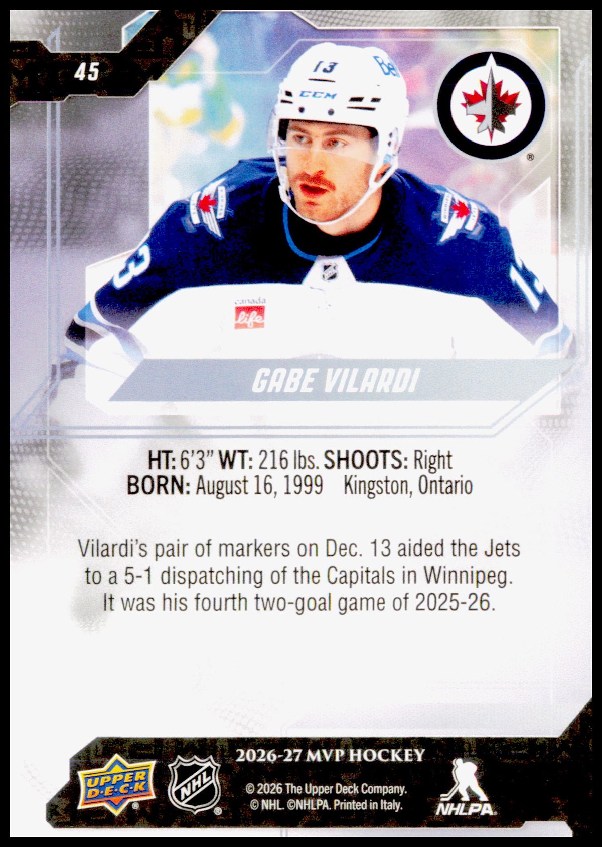 2026-27 Upper Deck MVP Gabe Vilardi Card Winnipeg Jets