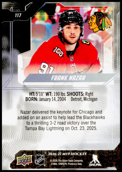 2026-27 Upper Deck MVP Frank Nazar Card Chicago Blackhawks